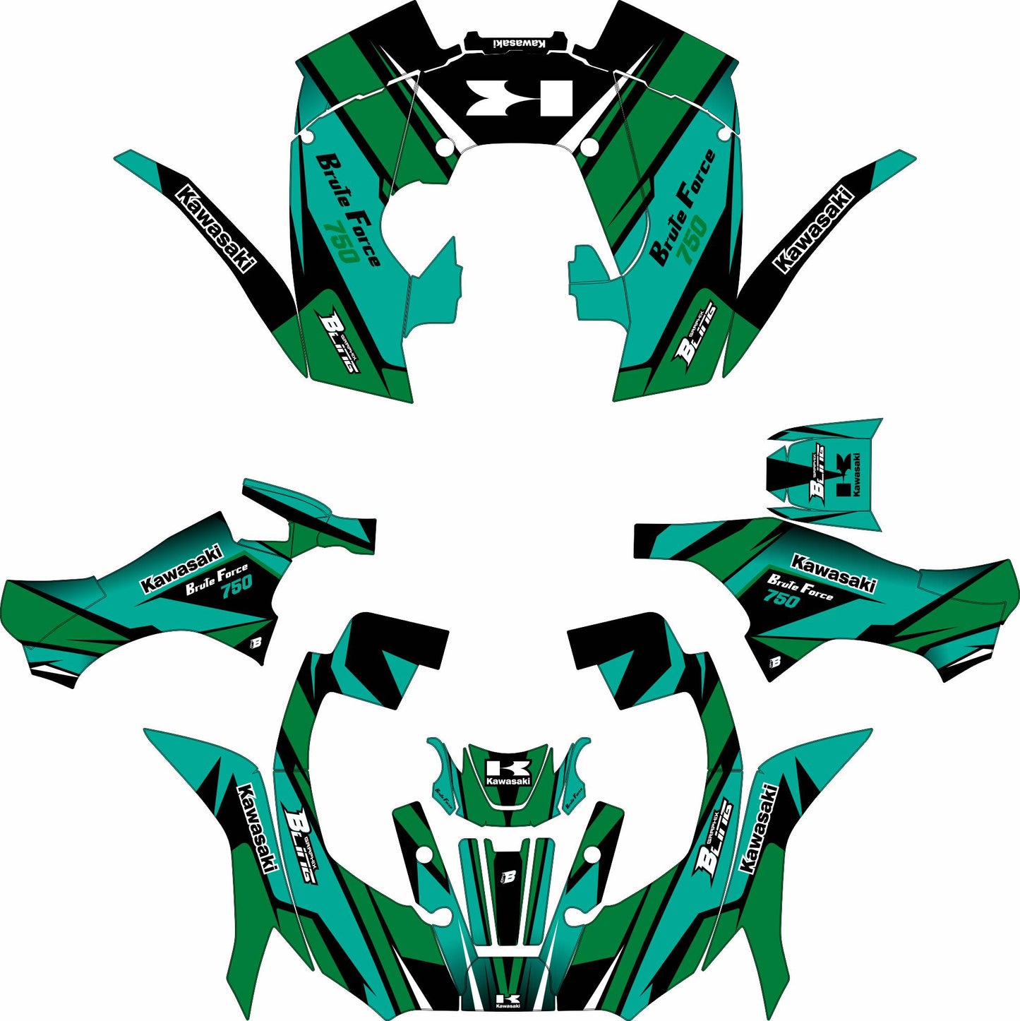 KAWASAKI BRUTE FORCE 750 FULL GRAPHICS KIT ''FACTORED GREEN'' DESIGN
