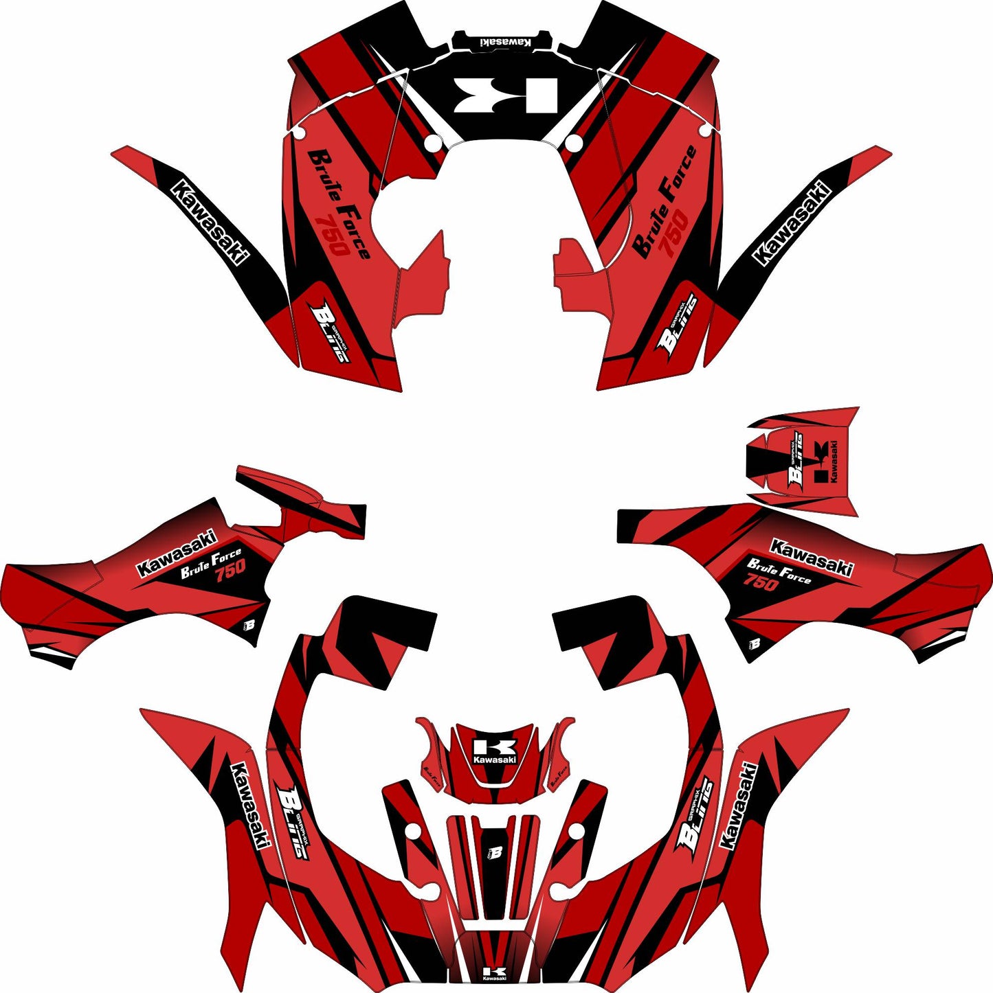KAWASAKI BRUTE FORCE 750 FULL GRAPHICS KIT ''FACTORED RED'' DESIGN