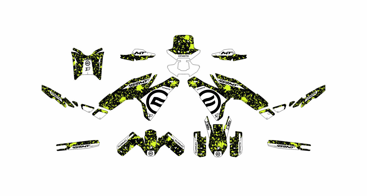 CF MOTO MT450 FULL GRAPHICS KIT ''SPLASHED LIME'' DESIGN