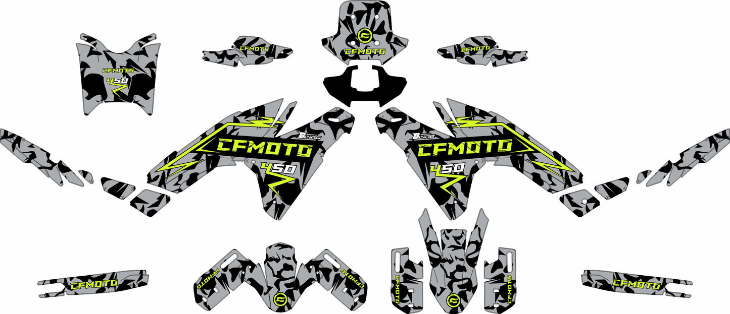 CF MOTO MT450 FULL GRAPHICS KIT ''CHAOS V1 LIME'' DESIGN