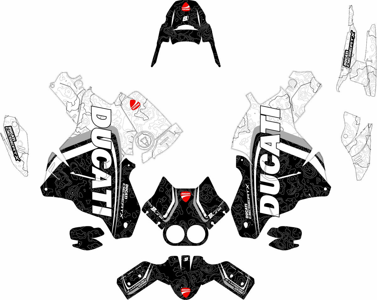 DUCATI DESERT X FULL GRAPHICS KIT ''TOPOGRAPHIC BLACK'' DESIGN