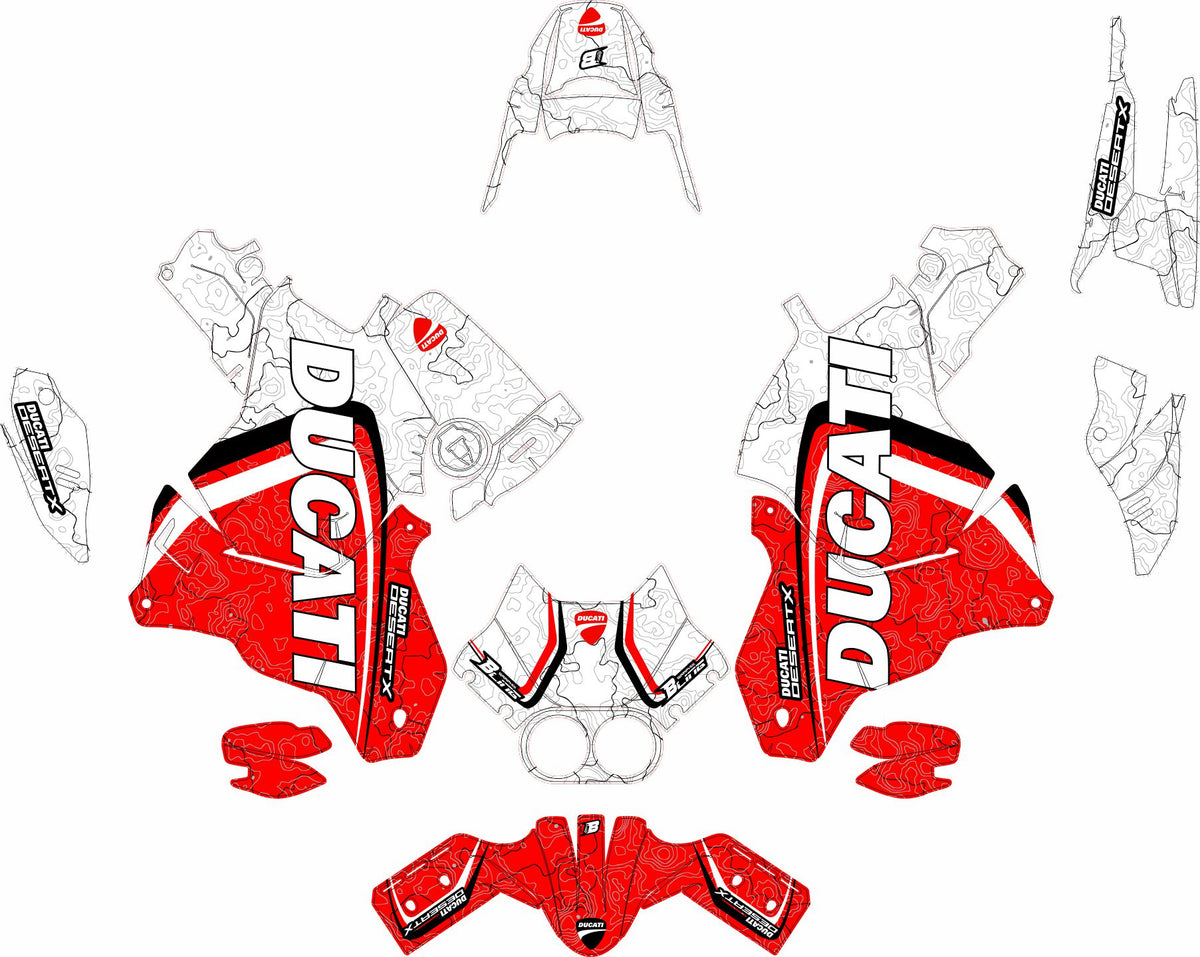 DUCATI DESERT X FULL GRAPHICS KIT ''TOPOGRAPHIC RED'' DESIGN