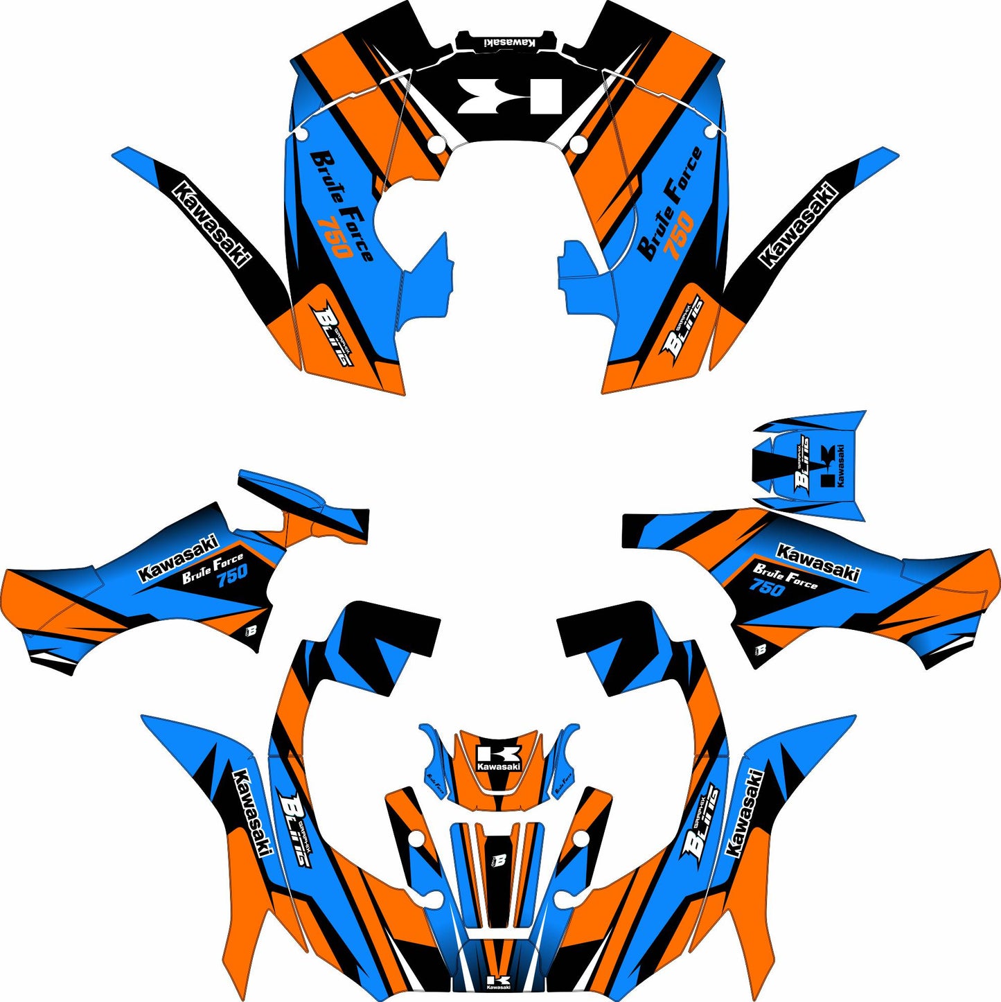 KAWASAKI BRUTE FORCE 750 FULL GRAPHICS KIT ''FACTORED ORANGE'' DESIGN