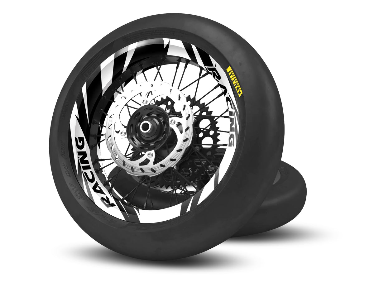 Motorcycle White Rims SUPERMOTO RIM WRAPS KIT ''RAVED WHITE'' DESIGN – bling graphix