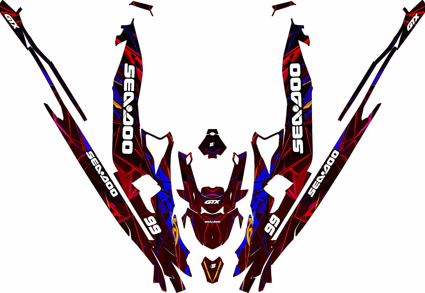 SEA-DOO RXT-GTX 2018-2026 FULL GRAPHICS KIT "HYPERWAVE DARK RED" DESIGN